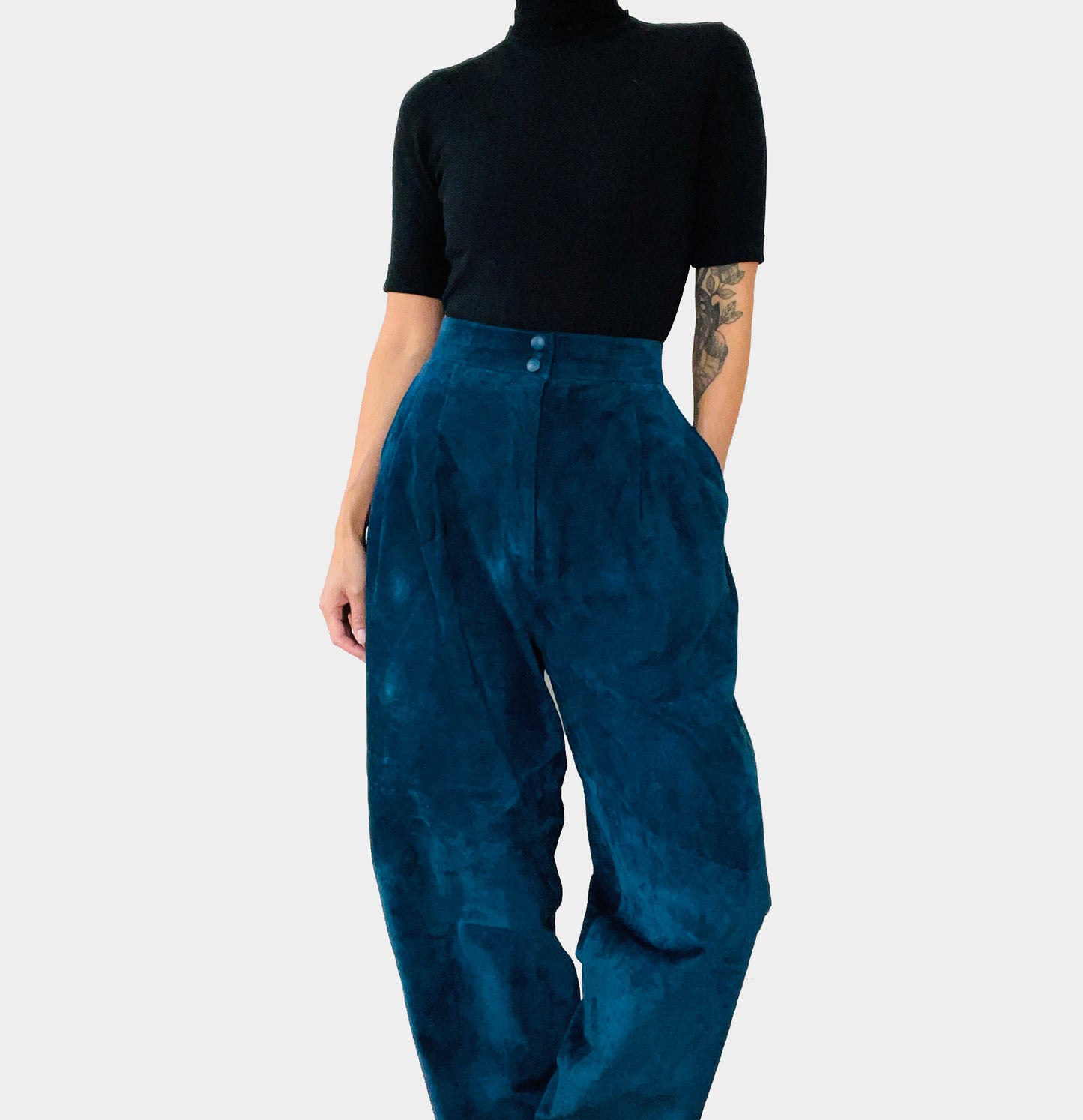 1980s Blue Suede Lined High-Waisted Tapered Balloon-Leg Trouser Pants