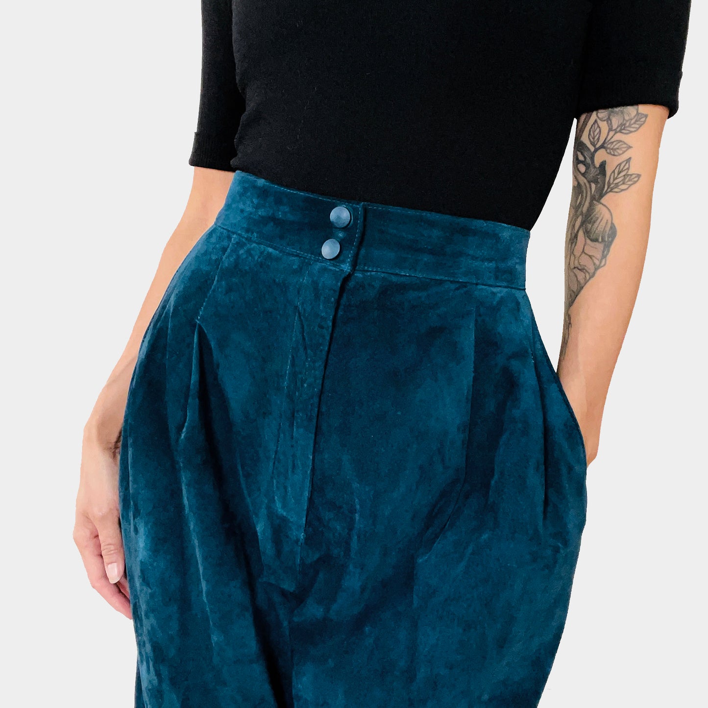 1980s Blue Suede Lined High-Waisted Tapered Balloon-Leg Trouser Pants