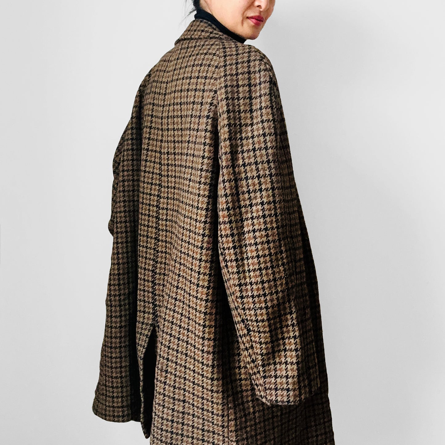 1950s Wool Houndstooth Plaid Double-Breasted Leather Button Jacket