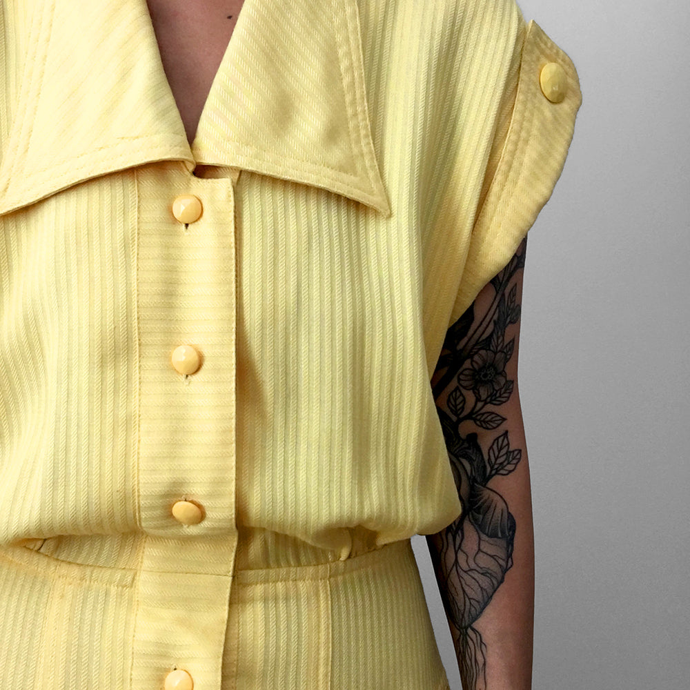 1980s Long Yellow Button-Front Collared Sleeveless Pleated Fit and Flare Dress