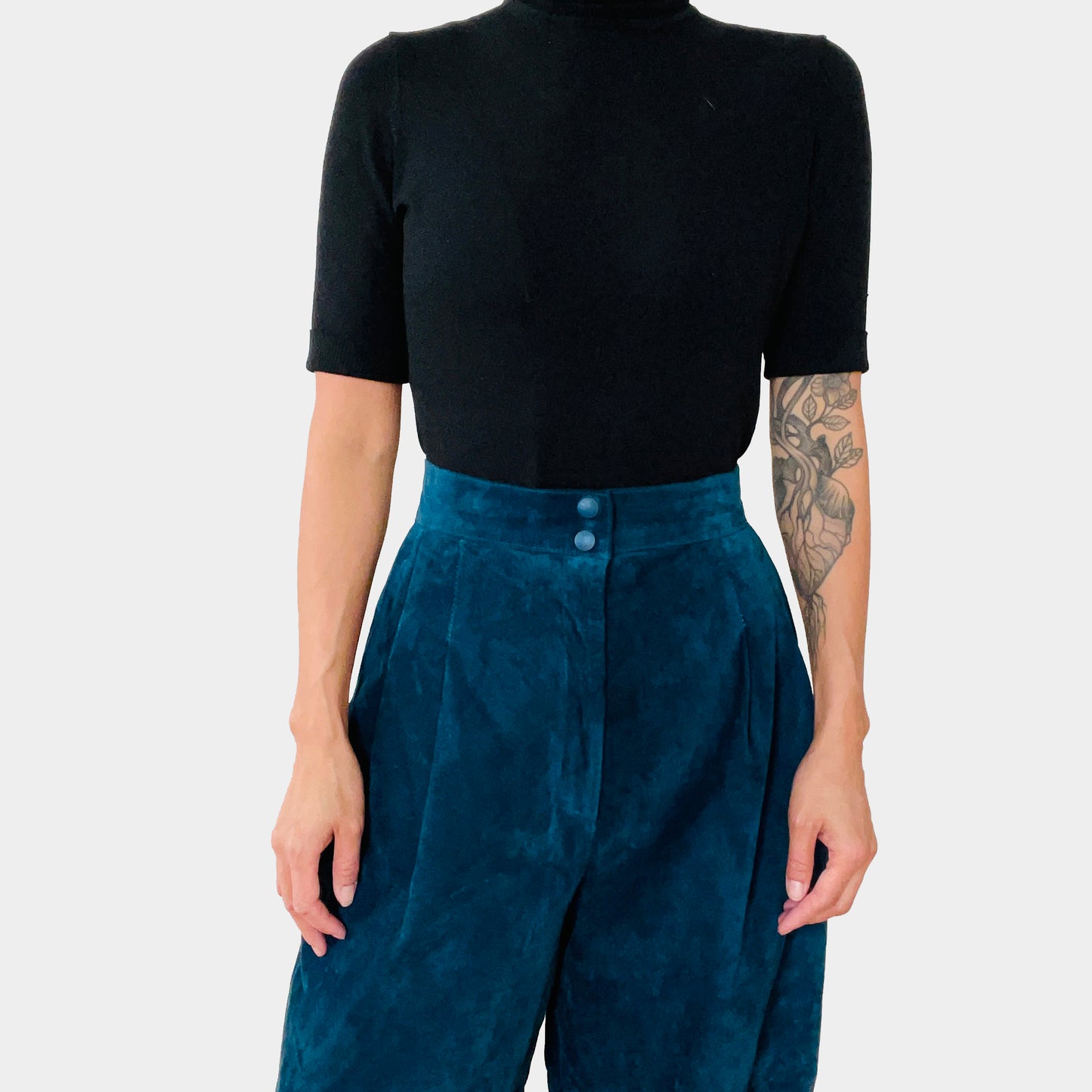 1980s Blue Suede Lined High-Waisted Tapered Balloon-Leg Trouser Pants