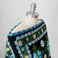 1970s Blue Yellow Black Green Floral Needlepoint Embroidered Fringe Knit Shawl