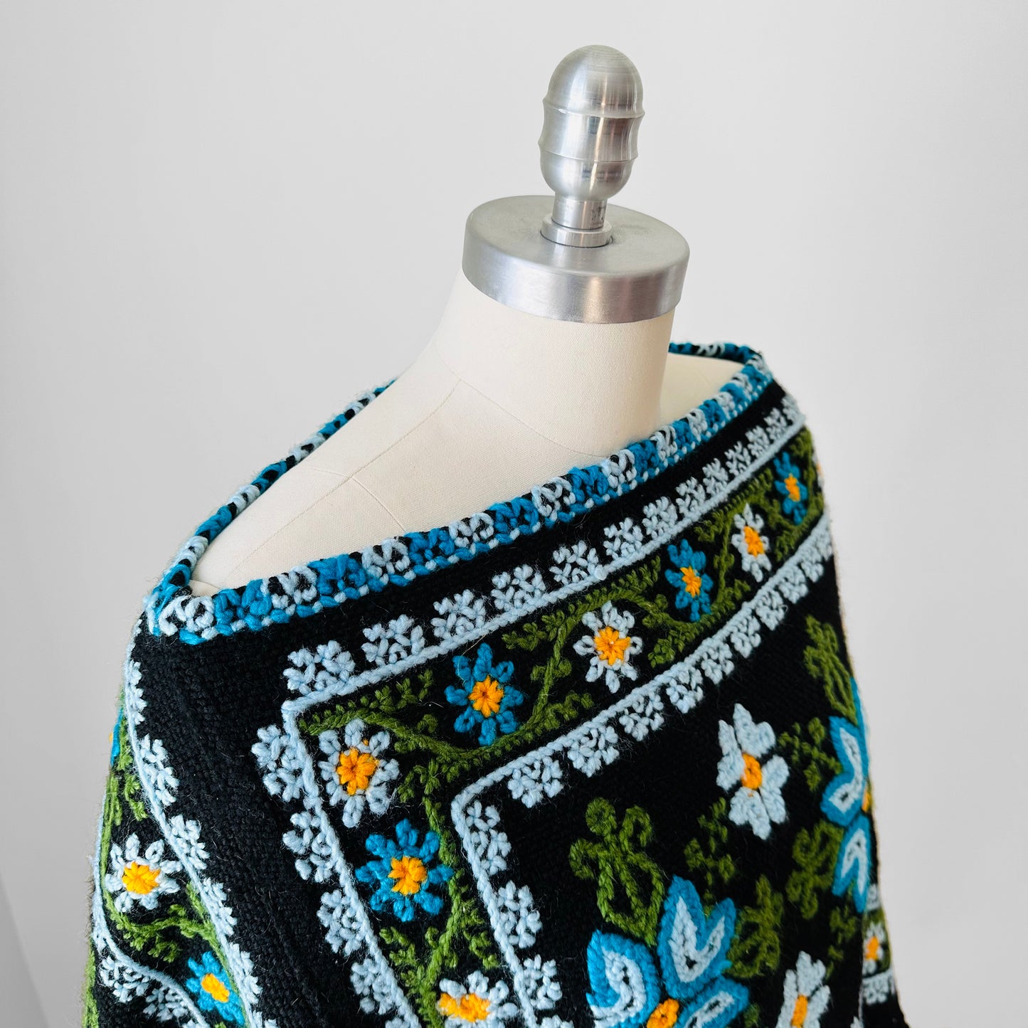 1970s Blue Yellow Black Green Floral Needlepoint Embroidered Fringe Knit Shawl