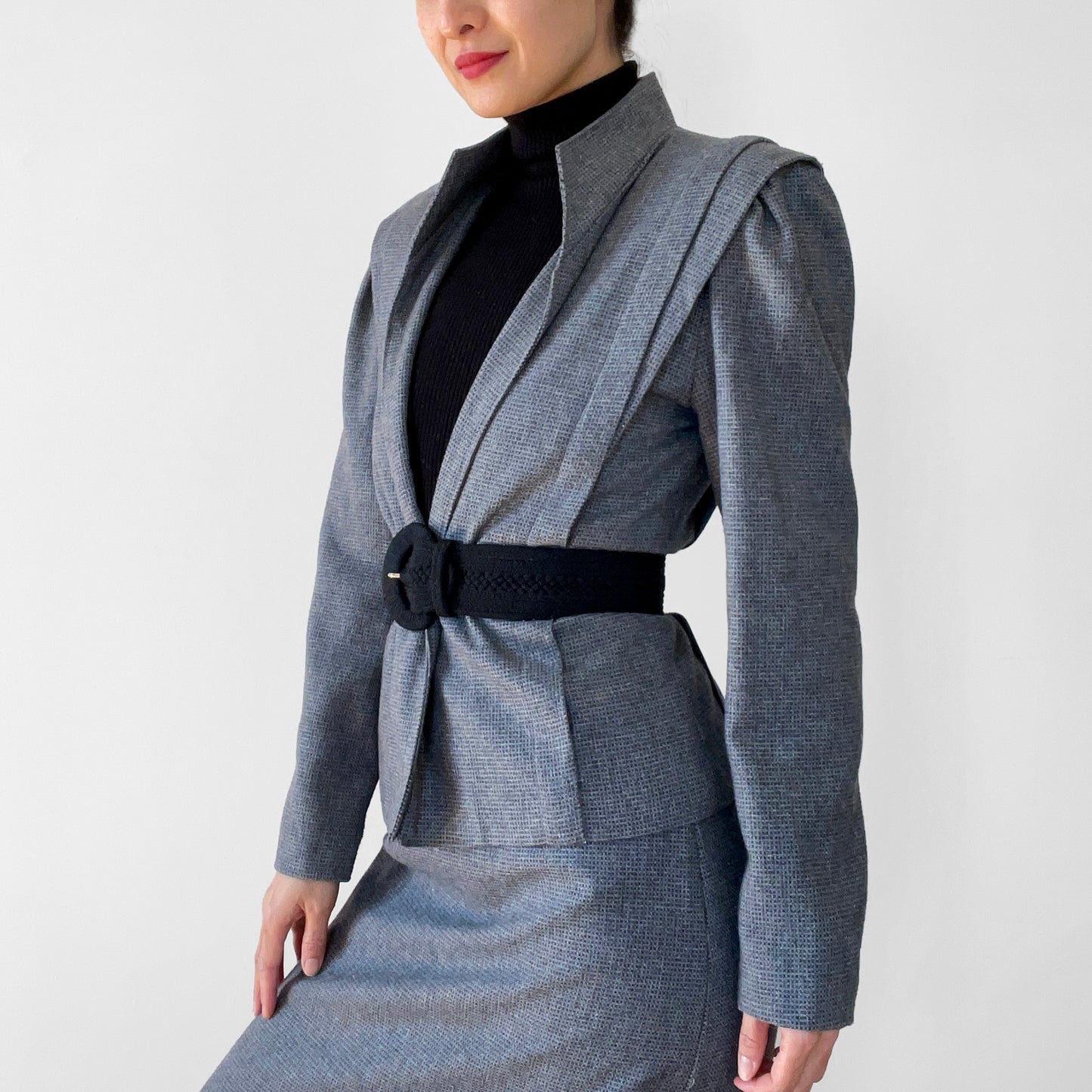 1970s - 1980s Gray Textured Wool Skirt and Jacket Set