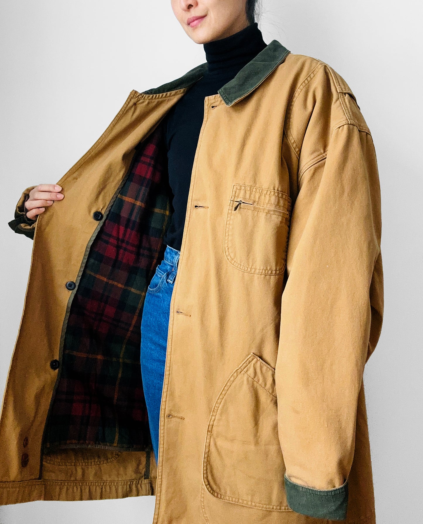 1980s Heavy Khaki Canvas Plaid Flannel Lined Corduroy Collar Jacket - XXXL