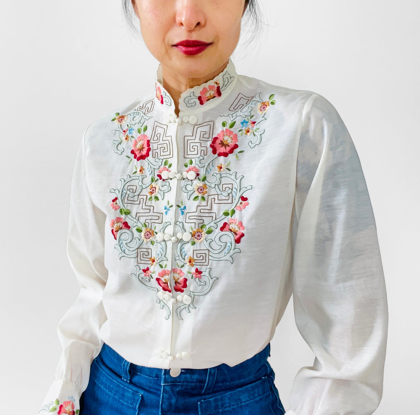 Chinese Floral Embroidered Cotton Mandarin Collar Shirt