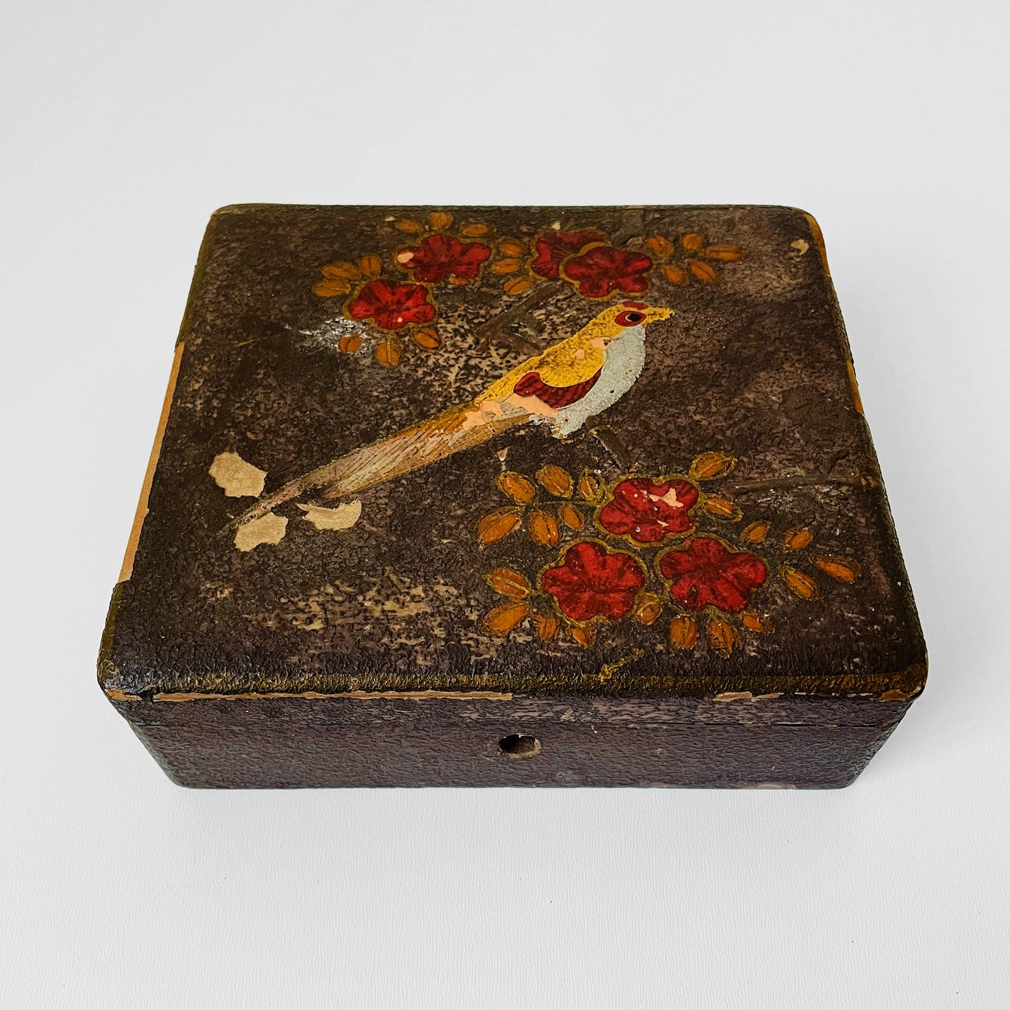 Early 1900s Hand-Painted Birdie Wood Keepsake Box