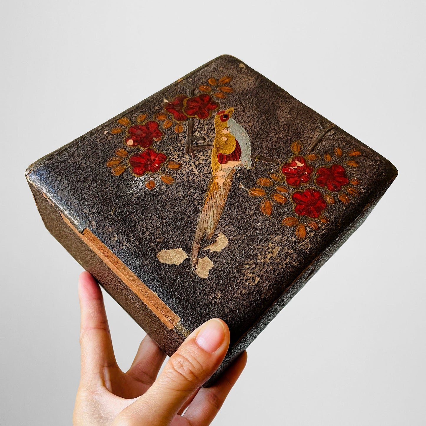 Early 1900s Hand-Painted Birdie Wood Keepsake Box