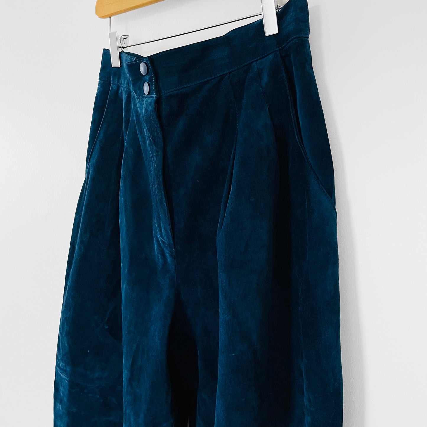 1980s Blue Suede Lined High-Waisted Tapered Balloon-Leg Trouser Pants