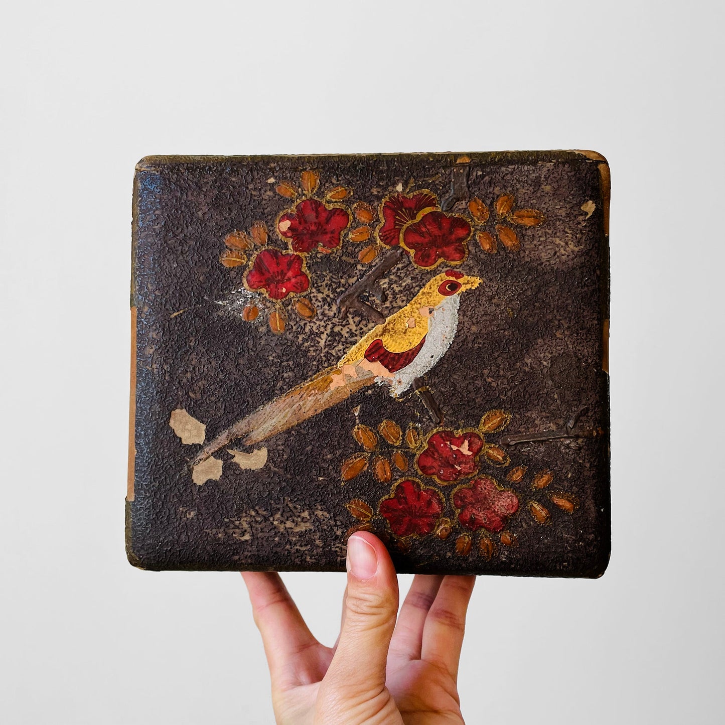 Early 1900s Hand-Painted Birdie Wood Keepsake Box