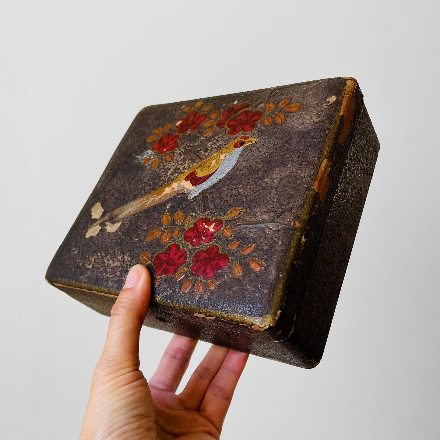 Early 1900s Hand-Painted Birdie Wood Keepsake Box