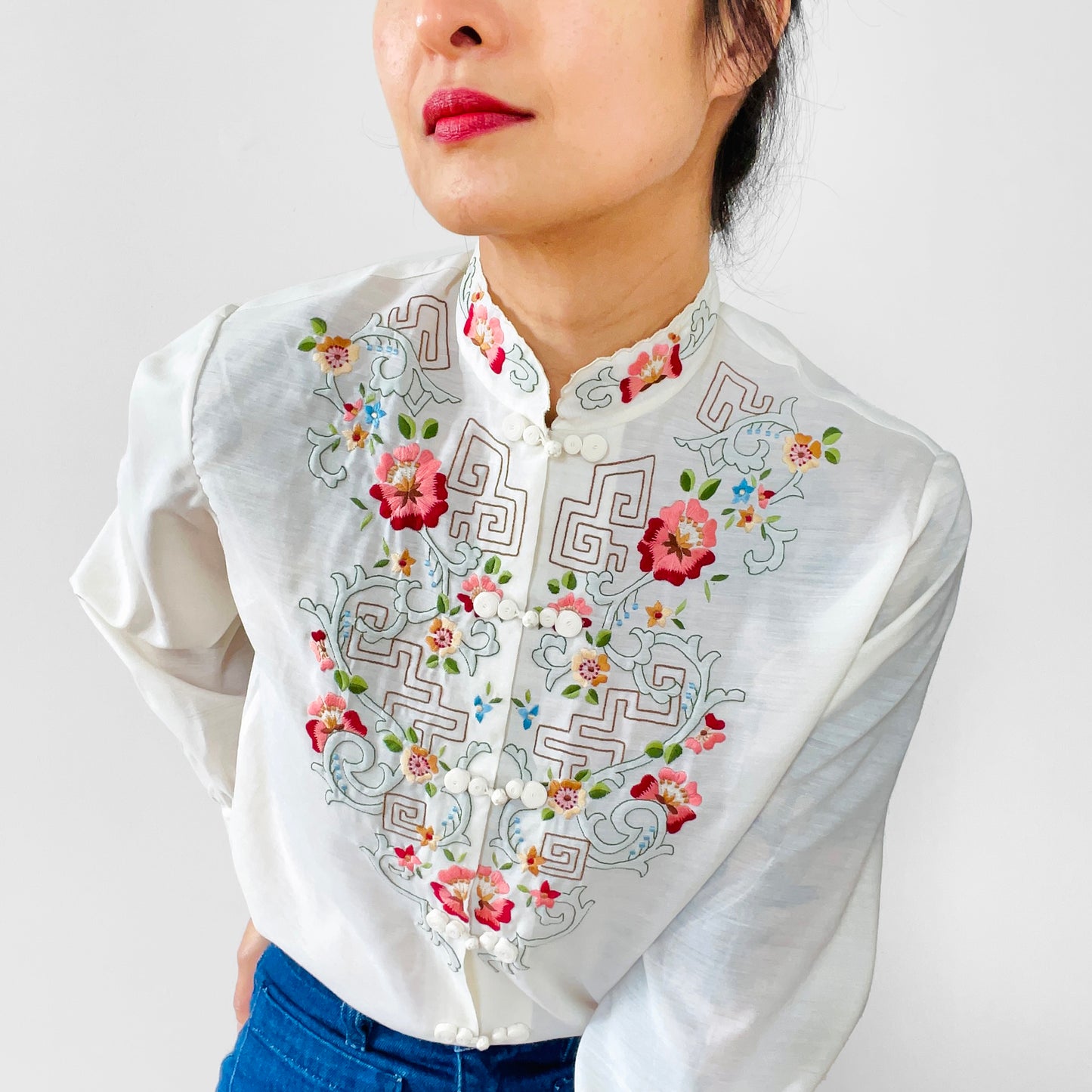 Chinese Floral Embroidered Cotton Mandarin Collar Shirt