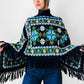 1970s Blue Yellow Black Green Floral Needlepoint Embroidered Fringe Knit Shawl