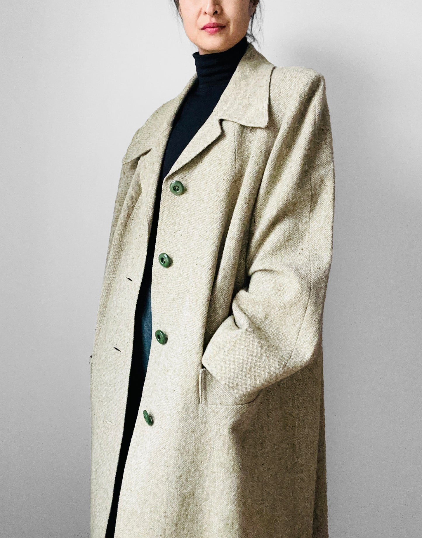 1960s Sage Green Wool Tweed Mid-Weight Overcoat - L/XL