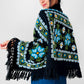 1970s Blue Yellow Black Green Floral Needlepoint Embroidered Fringe Knit Shawl