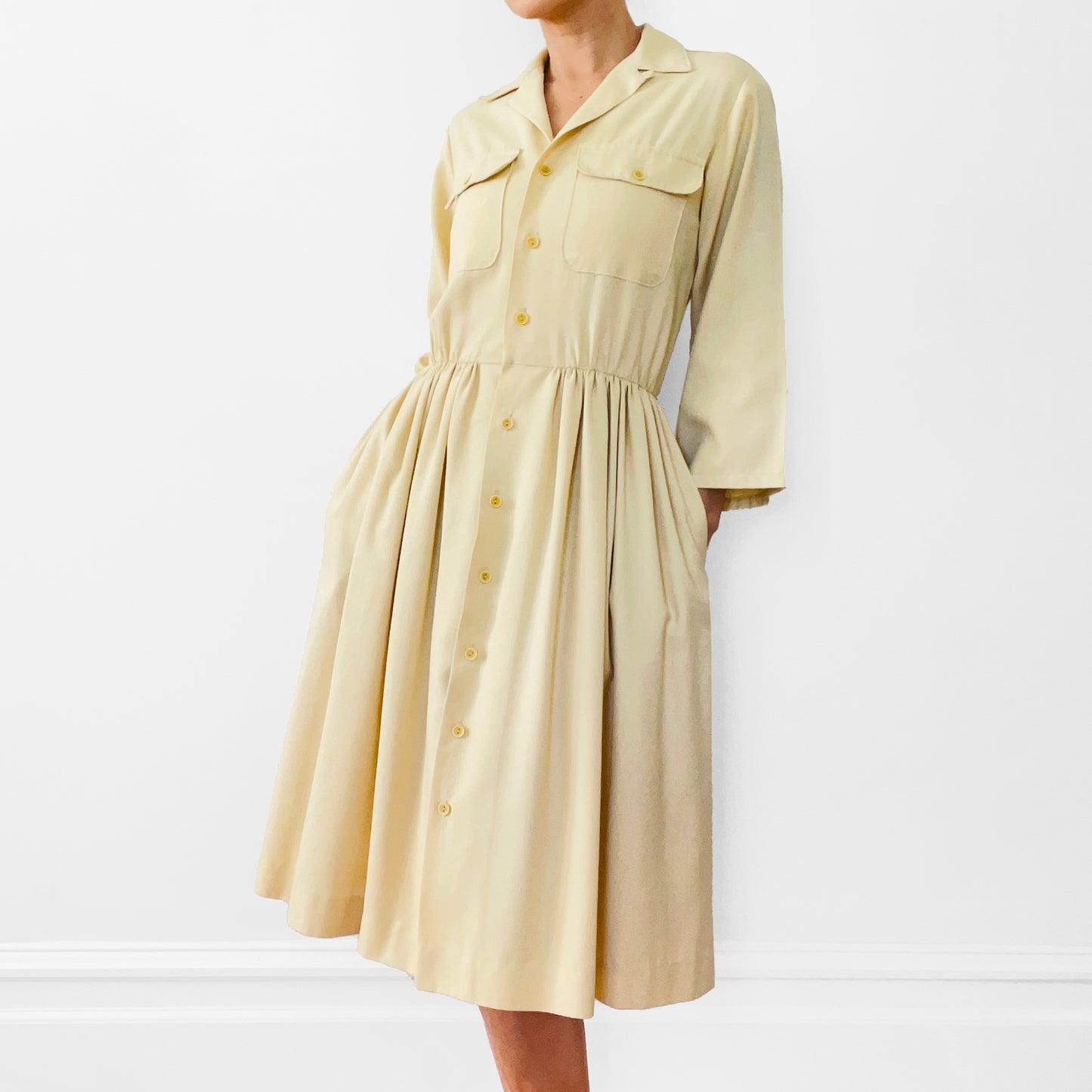 1960s Butter Yellow Pleated Handmade Button-Front Collared Bell-Sleeve Knee-Length Dress