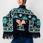 1970s Blue Yellow Black Green Floral Needlepoint Embroidered Fringe Knit Shawl