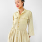 1960s Butter Yellow Pleated Handmade Button-Front Collared Bell-Sleeve Knee-Length Dress