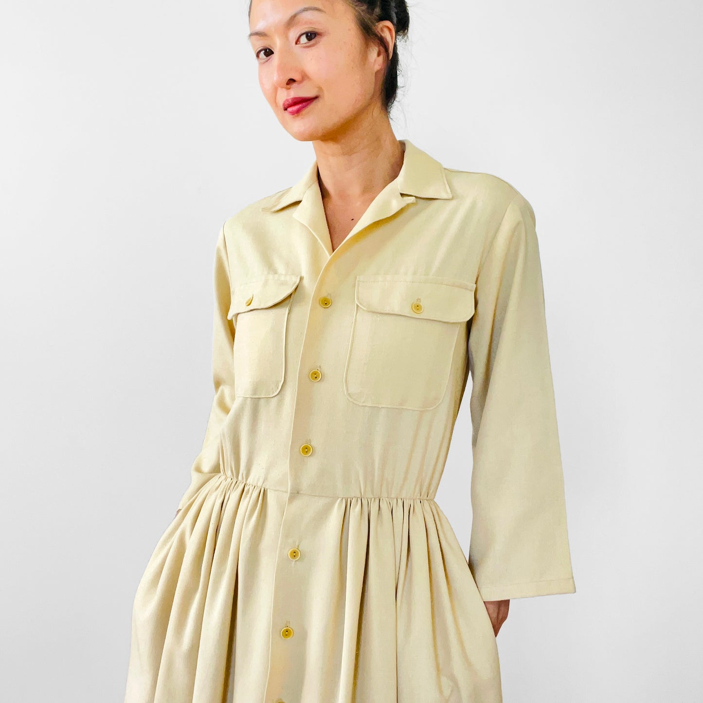 1960s Butter Yellow Pleated Handmade Button-Front Collared Bell-Sleeve Knee-Length Dress