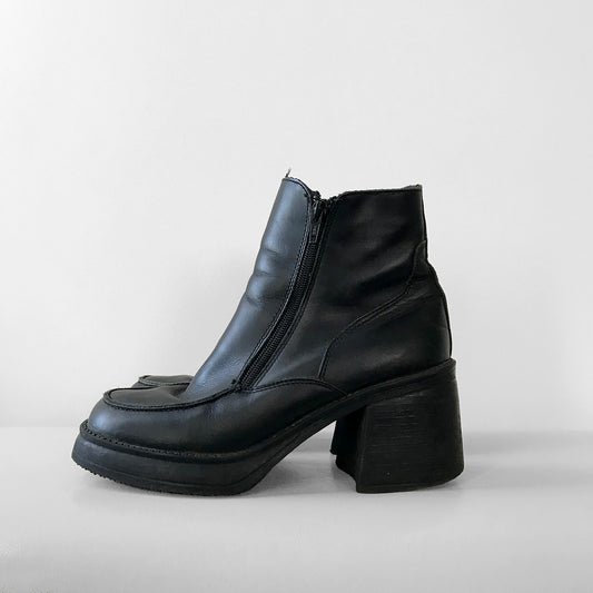 1990s Black Leather Chunky-Heeled Platform Zippered Ankle Boots