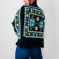 1970s Blue Yellow Black Green Floral Needlepoint Embroidered Fringe Knit Shawl