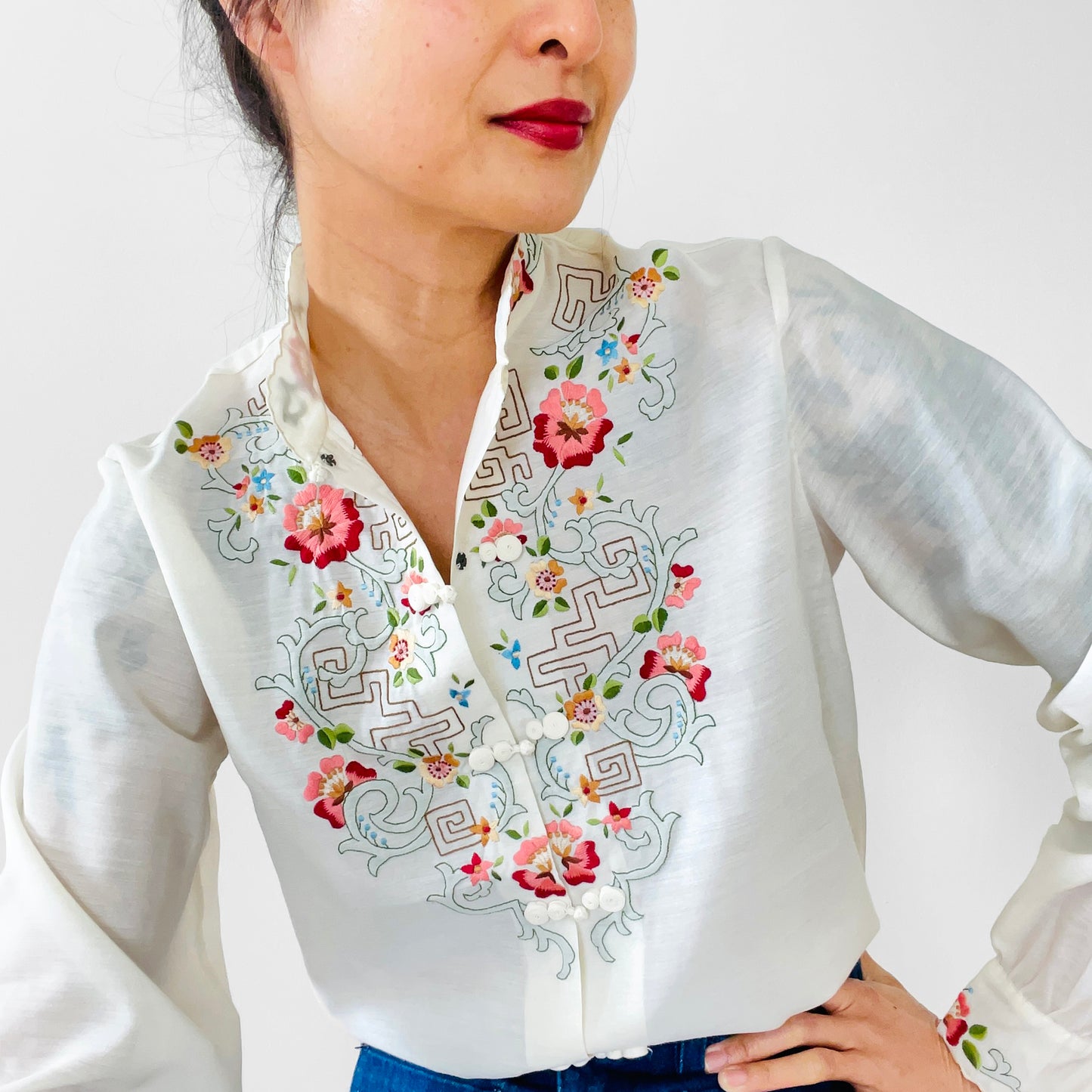 Chinese Floral Embroidered Cotton Mandarin Collar Shirt