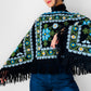 1970s Blue Yellow Black Green Floral Needlepoint Embroidered Fringe Knit Shawl