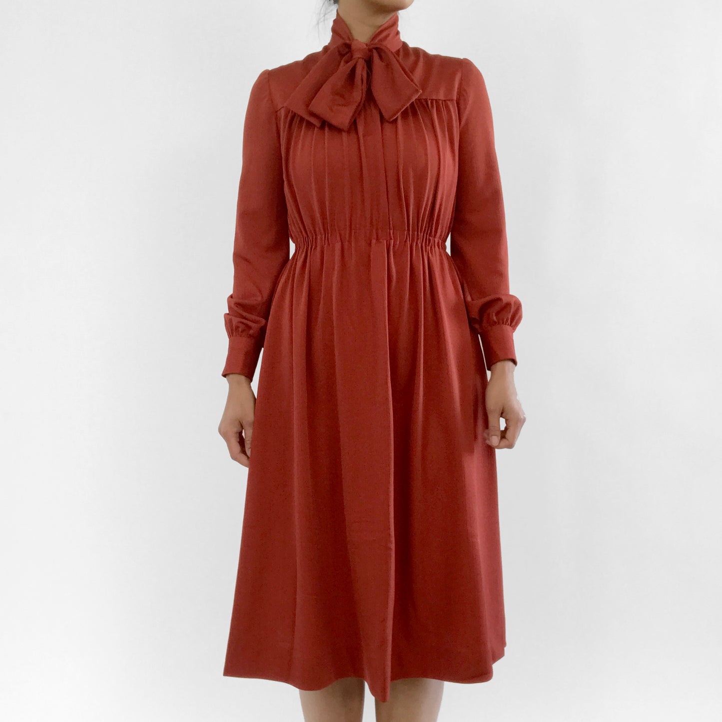 1970s Brick Red Tied-Neck Pleated Knee-Length Fit and Flare Dress