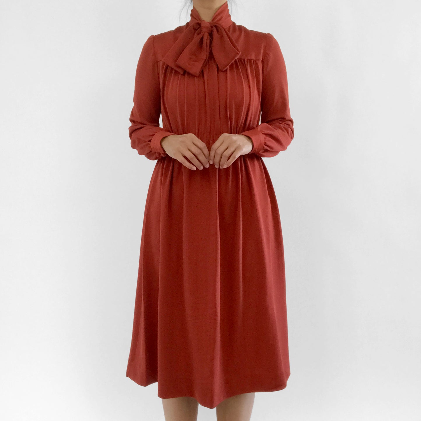 1970s Brick Red Tied-Neck Pleated Knee-Length Fit and Flare Dress