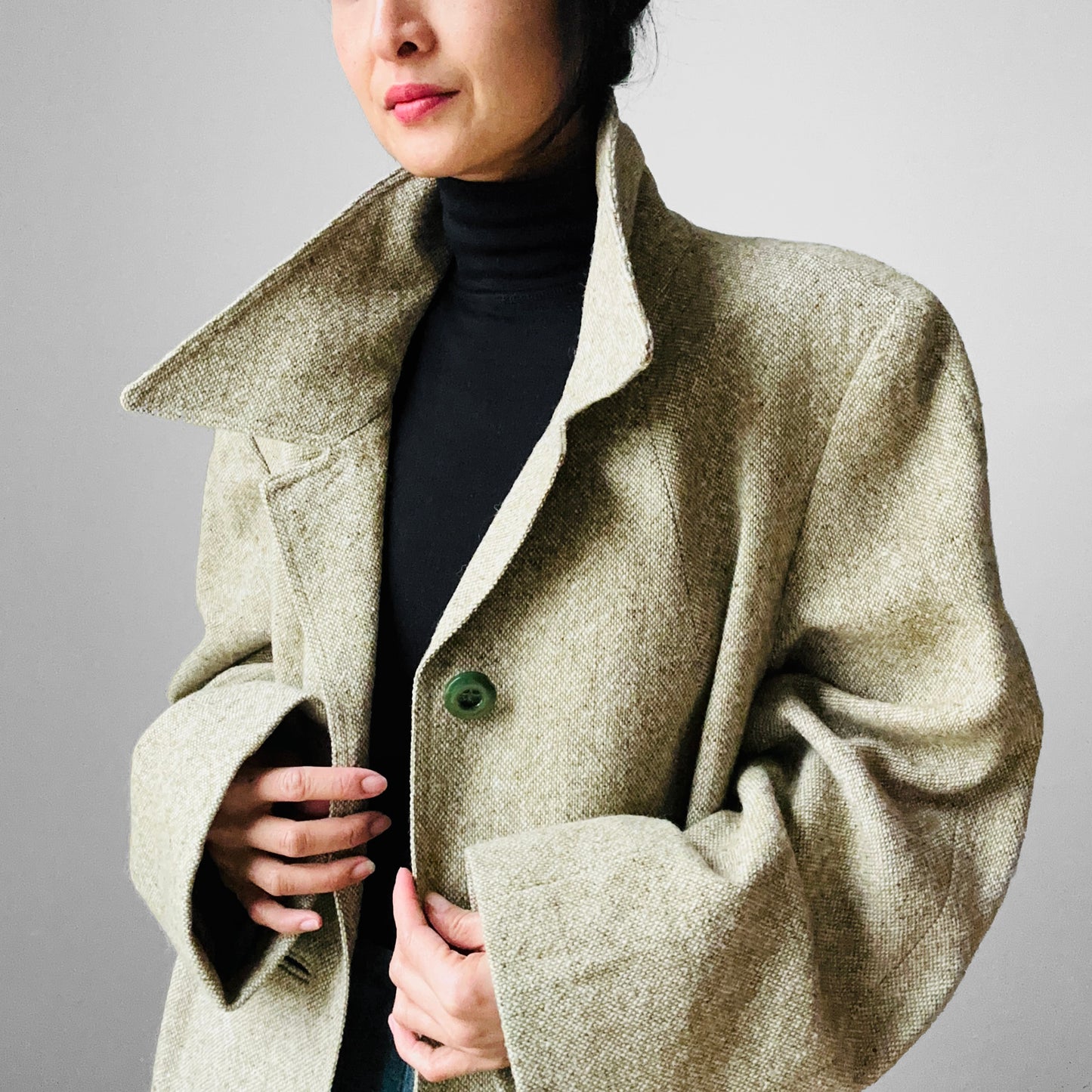 1960s Sage Green Wool Tweed Mid-Weight Overcoat - L/XL