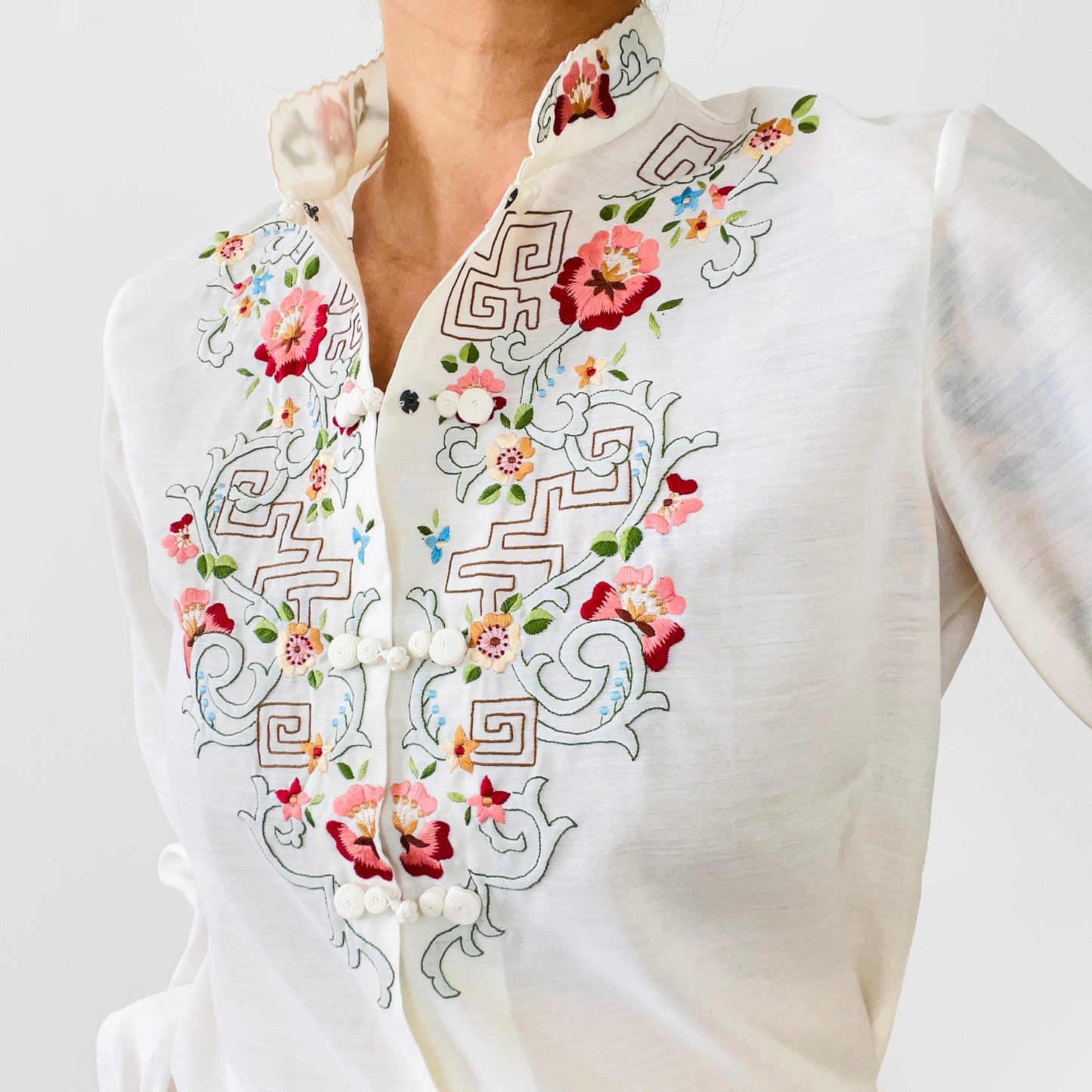 Chinese Floral Embroidered Cotton Mandarin Collar Shirt