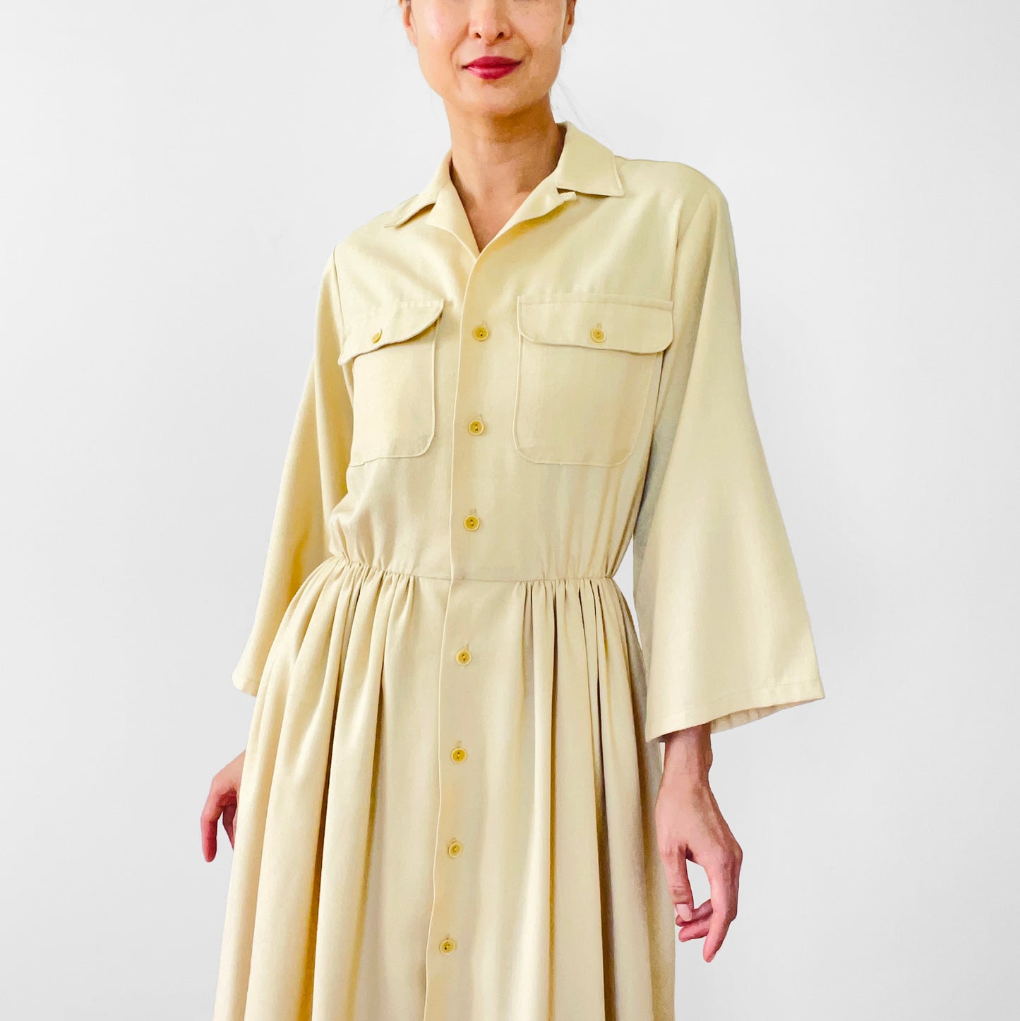 1960s Butter Yellow Pleated Handmade Button-Front Collared Bell-Sleeve Knee-Length Dress