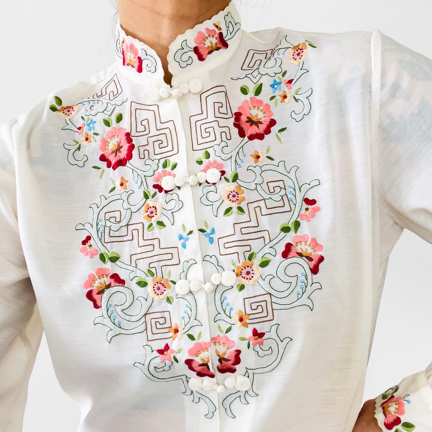 Chinese Floral Embroidered Cotton Mandarin Collar Shirt