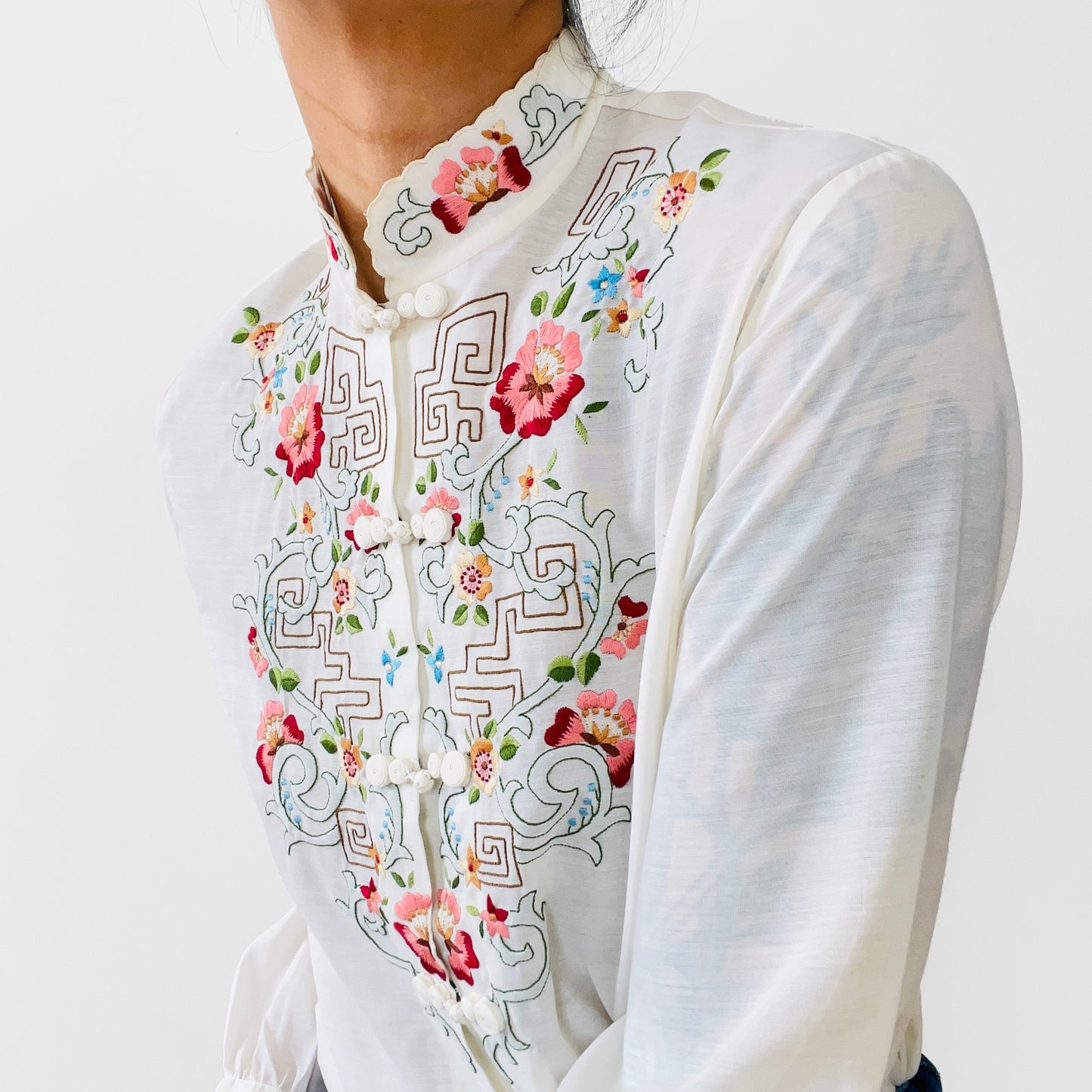 Chinese Floral Embroidered Cotton Mandarin Collar Shirt