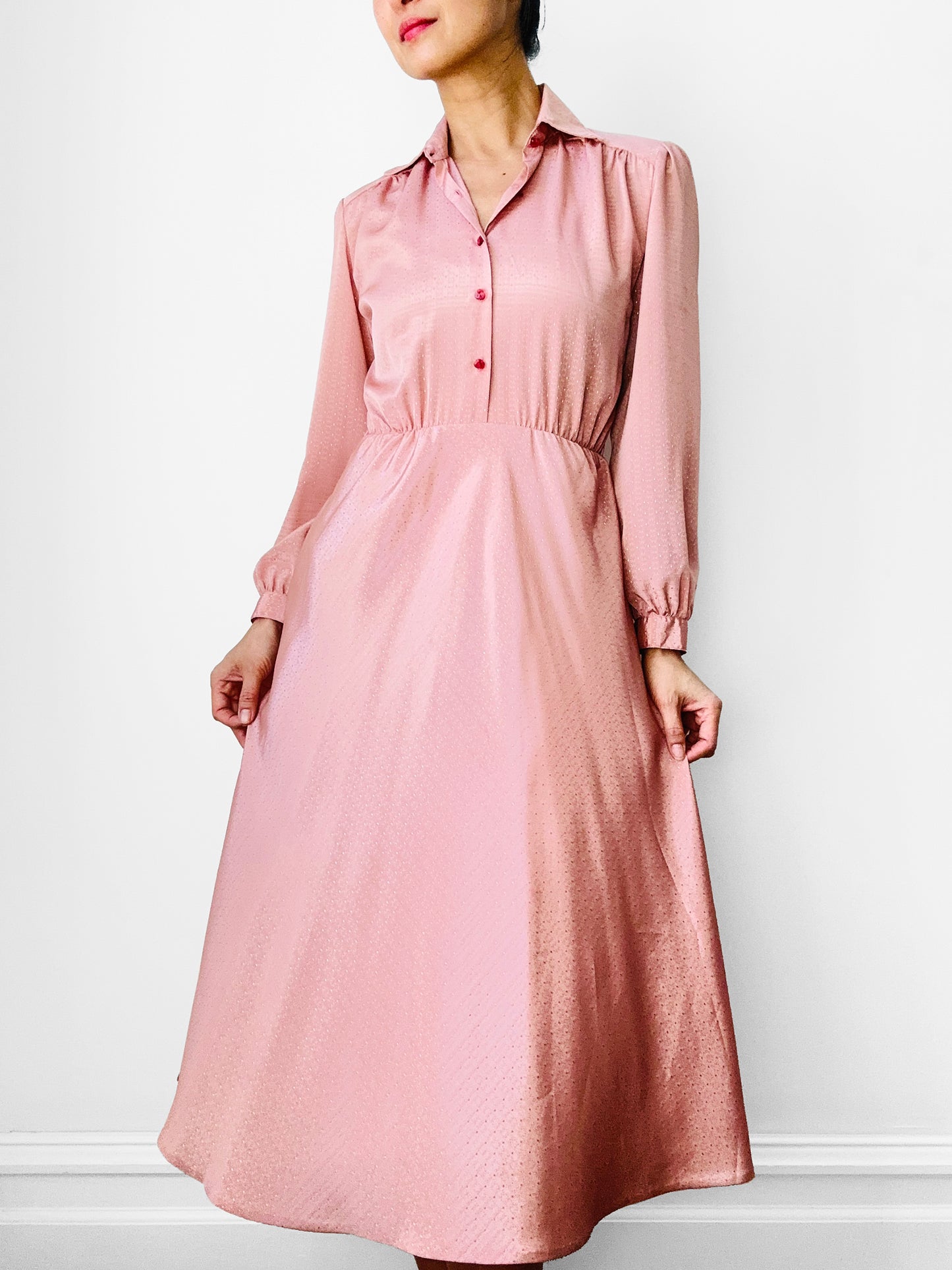 1970s Dusty Rose Tone-On-Tone Patterned Button-Front Long Sleeve Knee-Length Dress - XS/S