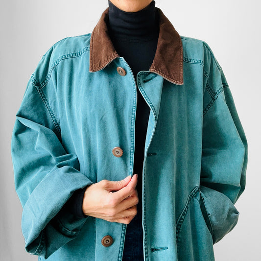 1980s Turquoise Blue Green and Brown Corduroy Collared Lightweight Chore Jacket - Sz. XL