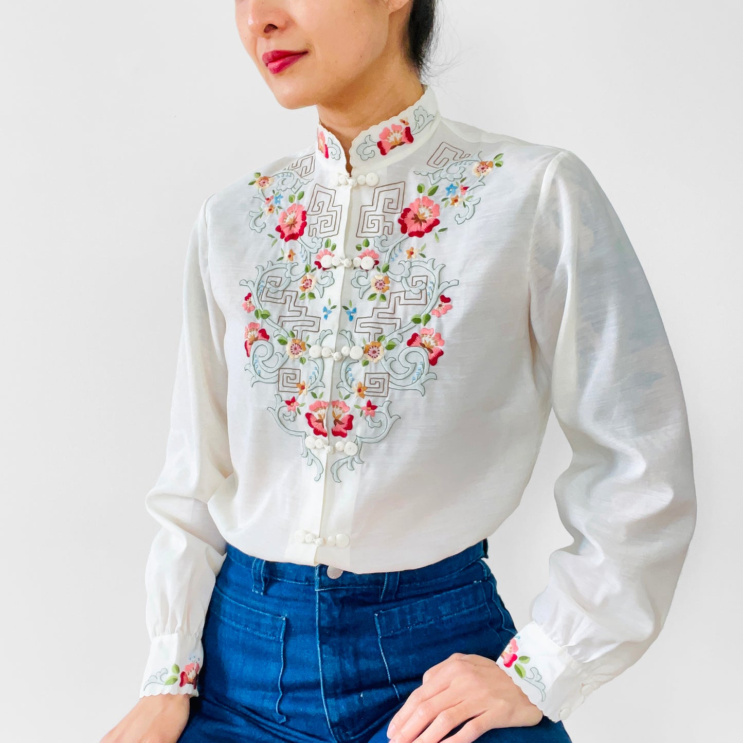 Chinese Floral Embroidered Cotton Mandarin Collar Shirt