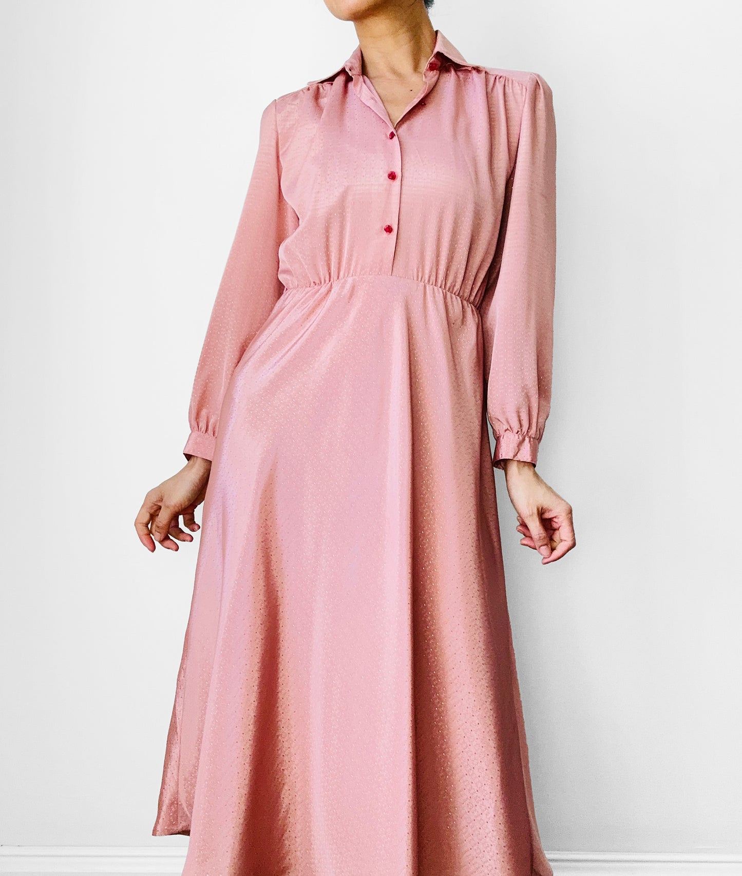 1970s Dusty Rose Tone-On-Tone Patterned Button-Front Long Sleeve Knee-Length Dress - XS/S