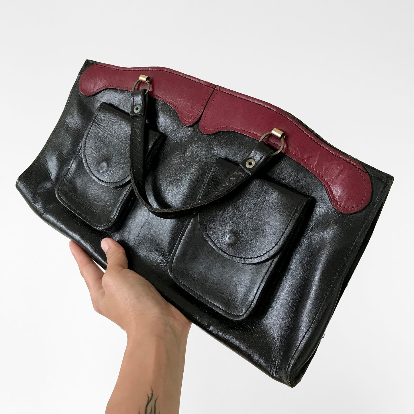 Vintage Black and Burgundy Leather Two-Toned Top-Handle Clutch Handbag