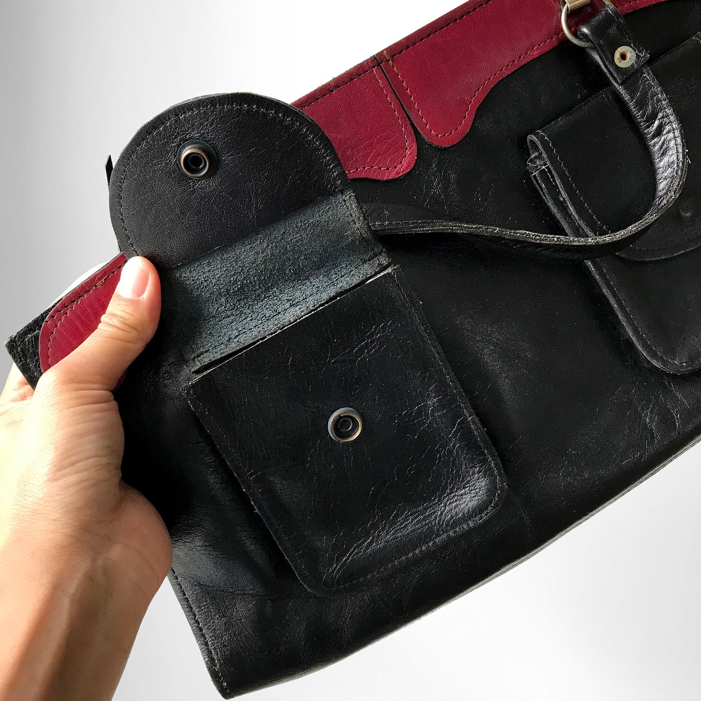 Vintage Black and Burgundy Leather Two-Toned Top-Handle Clutch Handbag