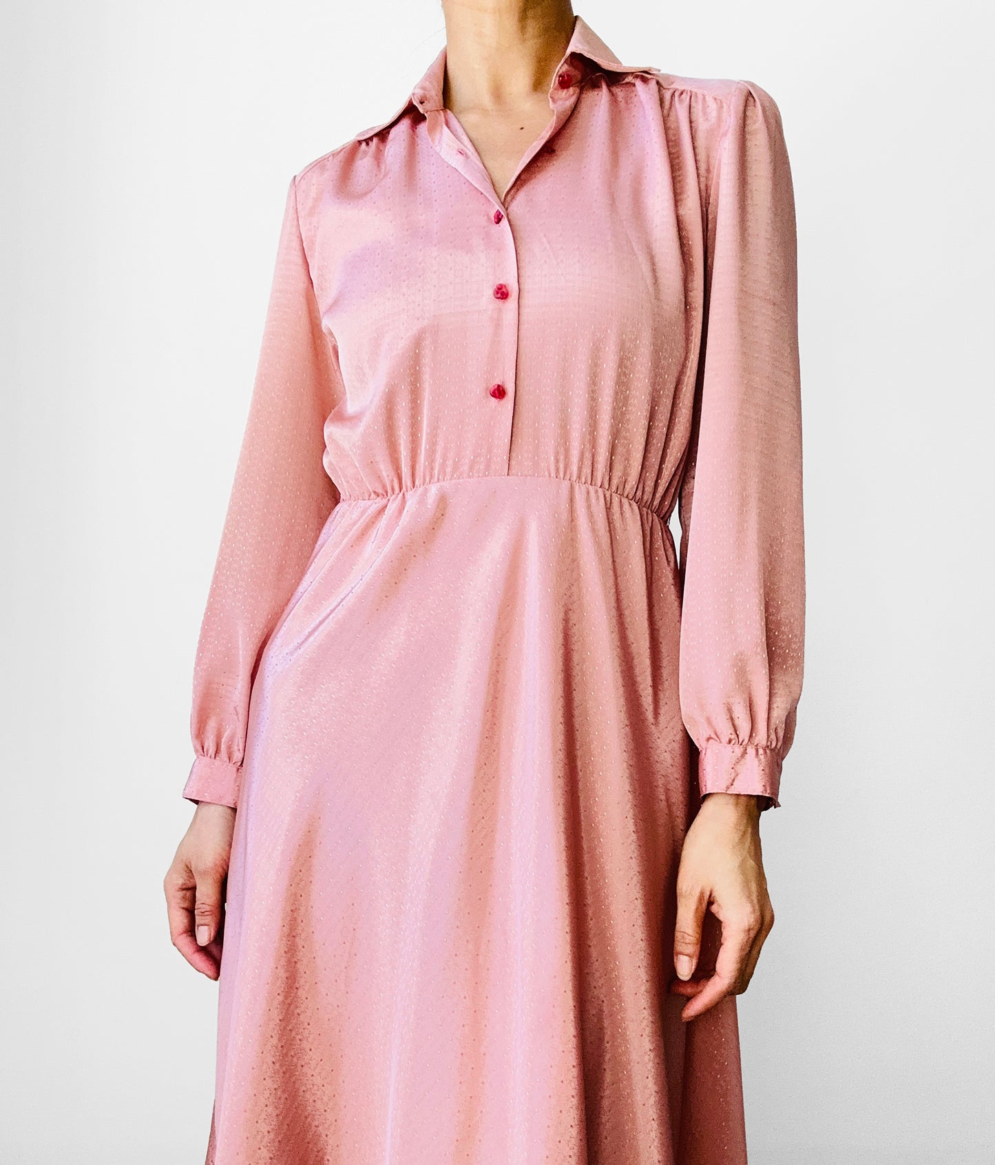 1970s Dusty Rose Tone-On-Tone Patterned Button-Front Long Sleeve Knee-Length Dress - XS/S