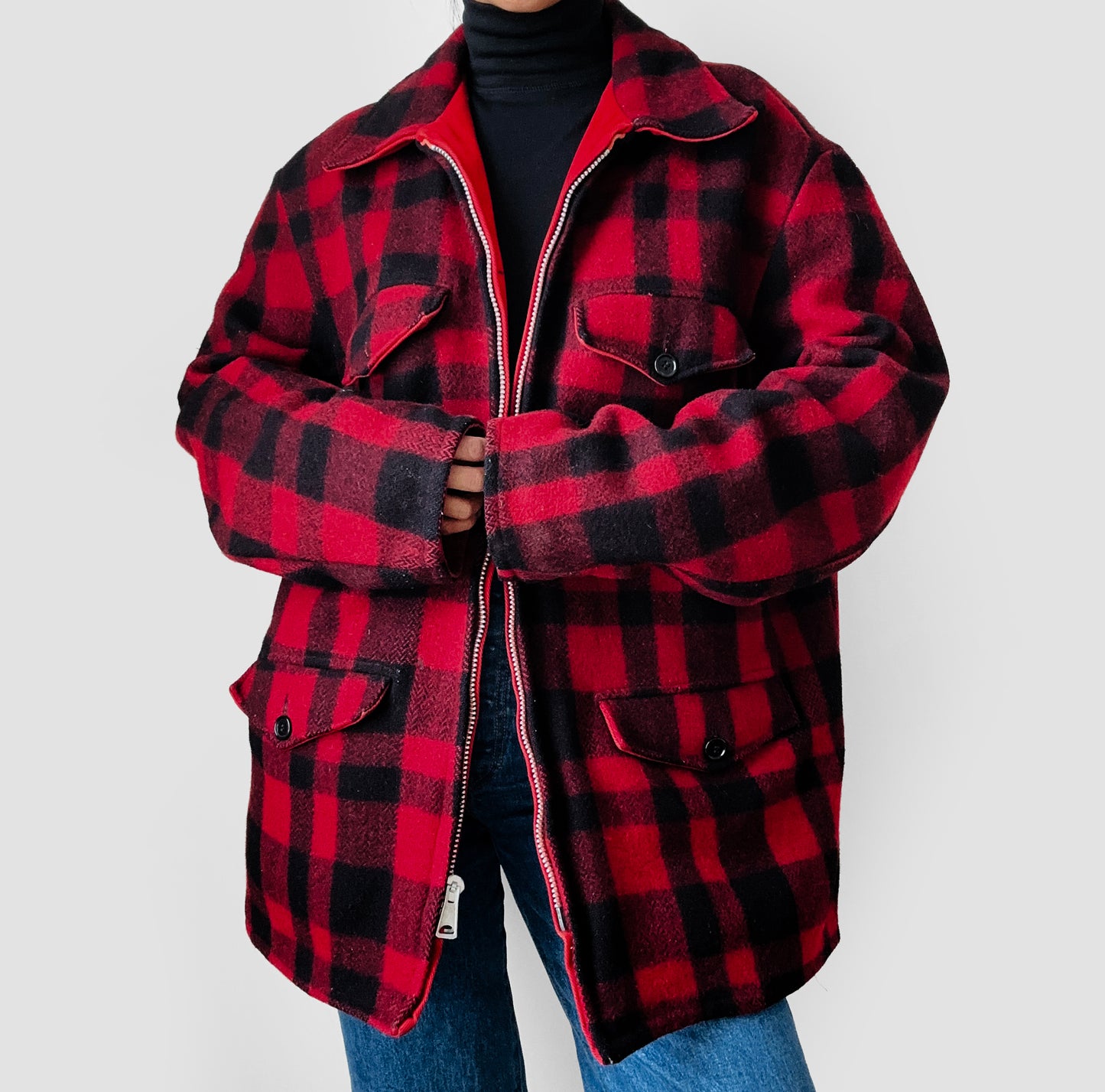 Black and Red Plaid Reversible Well-Worn Zip Front Lumberjack Wool Jacket - XL