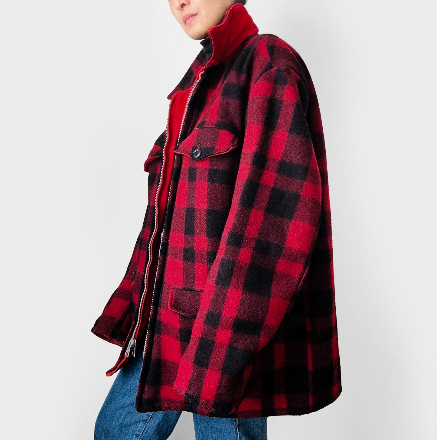 Black and Red Plaid Reversible Well-Worn Zip Front Lumberjack Wool Jacket - XL