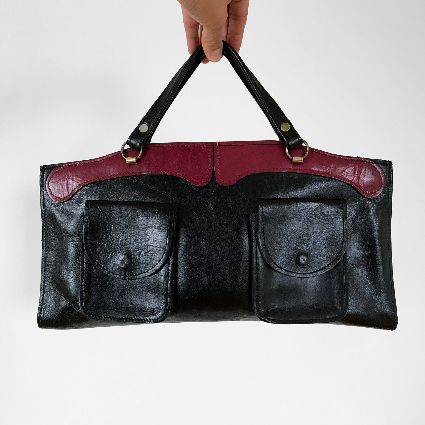 Vintage Black and Burgundy Leather Two-Toned Top-Handle Clutch Handbag