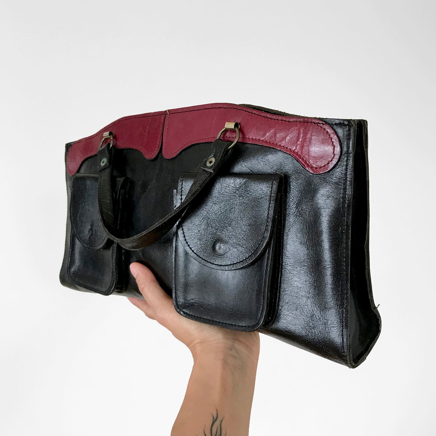 Vintage Black and Burgundy Leather Two-Toned Top-Handle Clutch Handbag