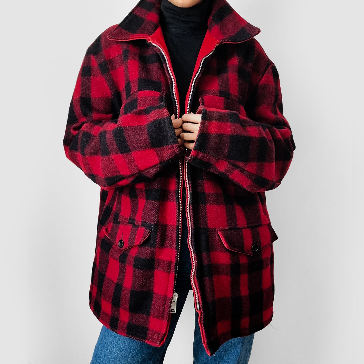 Black and Red Plaid Reversible Well-Worn Zip Front Lumberjack Wool Jacket - XL