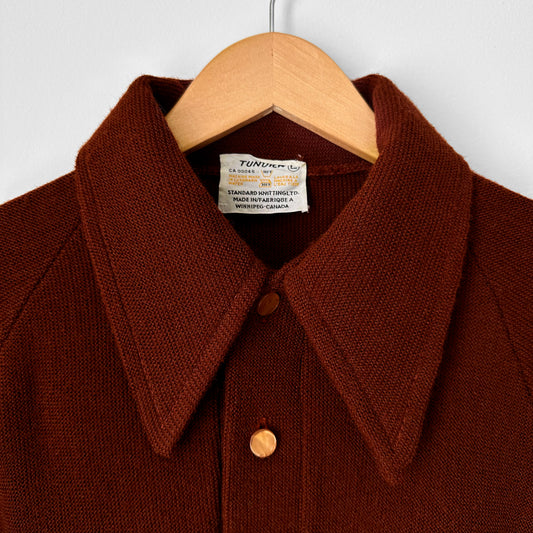 1970s Made in Canada Rust Brown Button Front Wide Lapel Collared Wool Knit Pullover Sweater