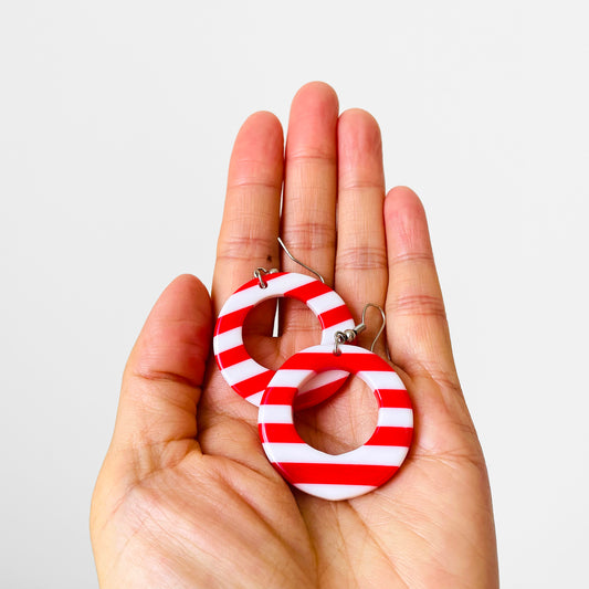 1960s Red and White Candy Stripe Donut Drop Earrings