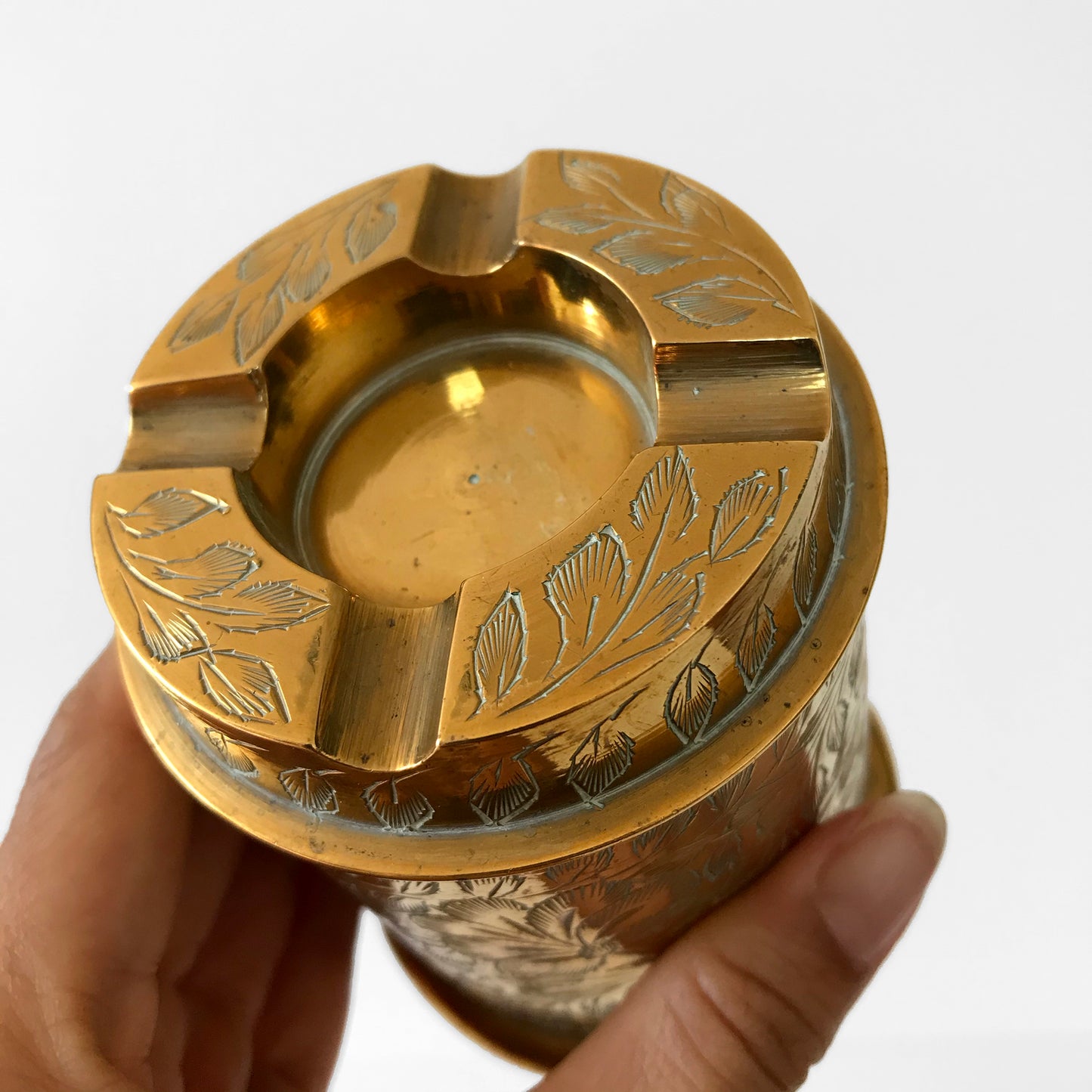 Rare Etched Brass Leaf Patterned Ashtray Incense Burner Holder