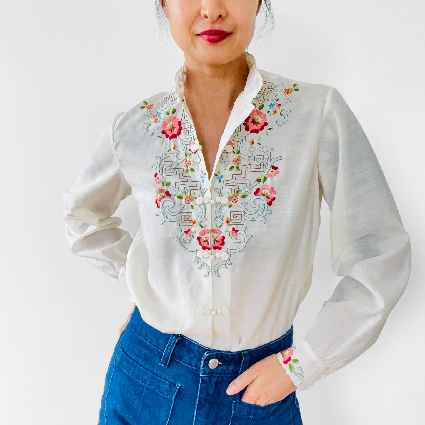 Chinese Floral Embroidered Cotton Mandarin Collar Shirt